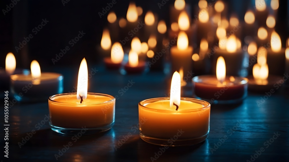 Warm Glow of Multiple Candles Illuminating a Dimly Lit Space During a Serene Evening Gathering Warm Glow of Multiple Candles Illuminating a Dimly Lit Space During a Serene Evening Gathering