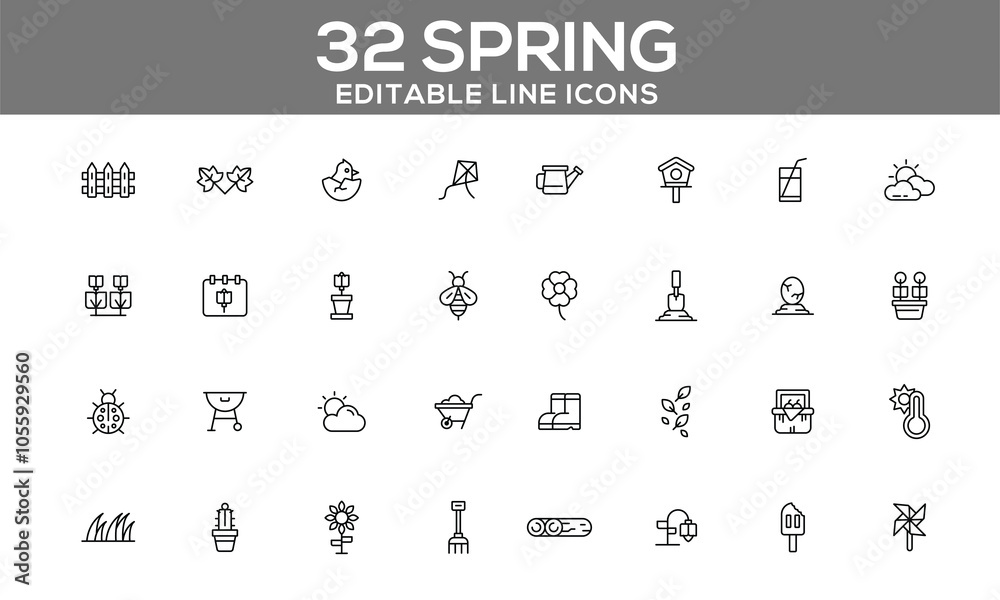32 Editable Spring Line Icons for Gardening, Nature, and Seasonal Outdoor Activities