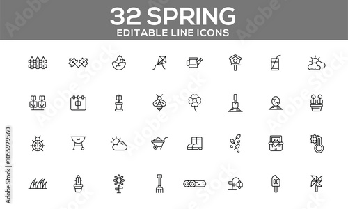 32 Editable Spring Line Icons for Gardening, Nature, and Seasonal Outdoor Activities