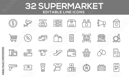 32 Editable Supermarket Line Icons for Shopping, Retail Management, and Grocery Essentials