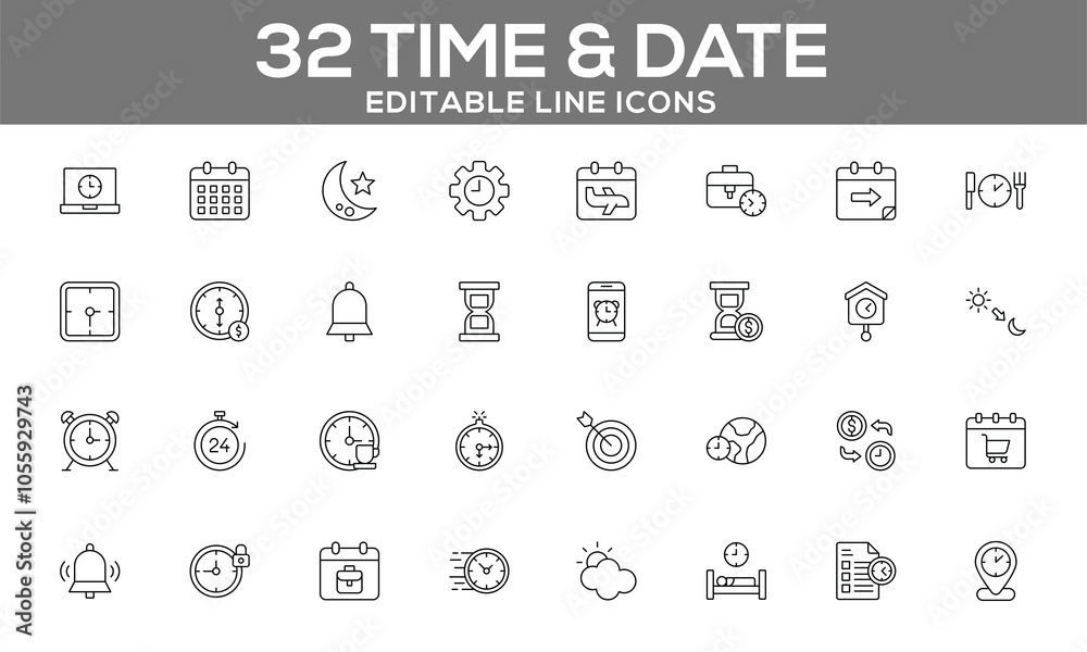 32 Editable Time and Date Line Icons for Scheduling, Reminders, and Calendar Management 32 Editable Time and Date Line Icons for Scheduling, Reminders, and Calendar Management
