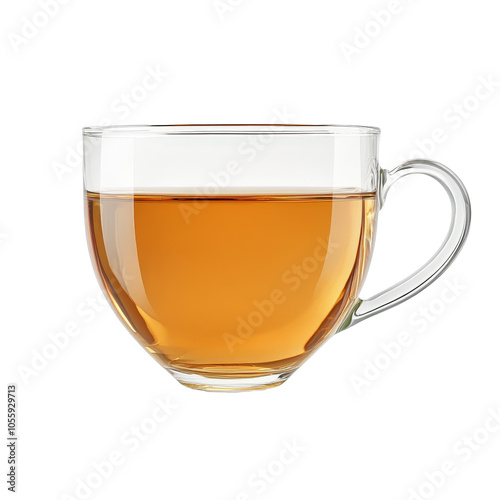 Clear glass cup of tea on white background, minimalist and elegant design.