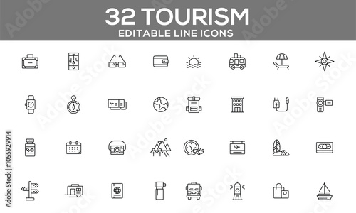 32 Editable Tourism Line Icons for Travel Essentials, Sightseeing, and Vacation Planning