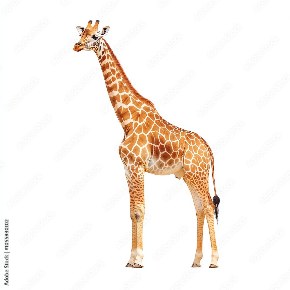 Obraz premium A beautiful giraffe stands gracefully isolated on white background, showcasing its long neck and unique pattern against a clean background.