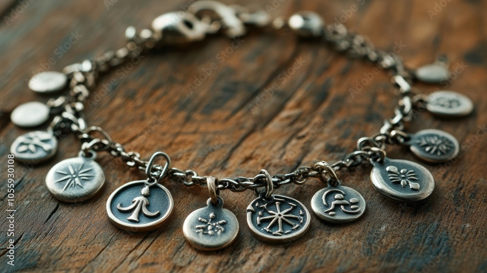 A charm bracelet featuring polished metal charms with various Mutelu symbols, symbolizing peace, luck, and protection, on a simple, rustic background A charm bracelet featuring polished metal charms with various Mutelu symbols, symbolizing peace, luck, and protection, on a simple, rustic background