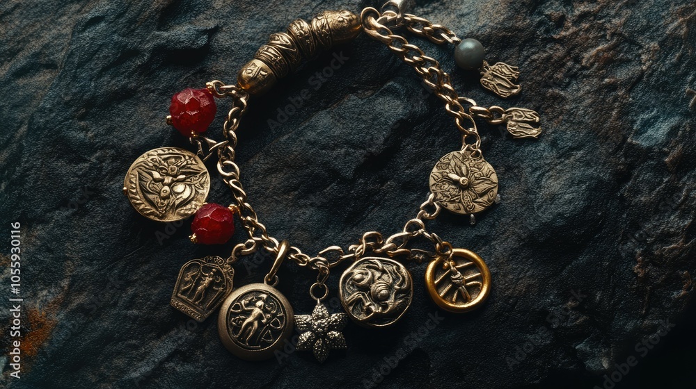A charm bracelet adorned with various Mutelu charms for prosperity and spiritual guidance, shown against a dark, textured backdrop A charm bracelet adorned with various Mutelu charms for prosperity and spiritual guidance, shown against a dark, textured backdrop