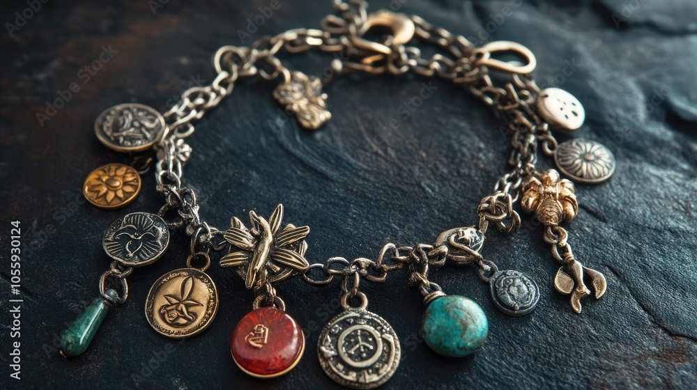 A charm bracelet adorned with various Mutelu charms for prosperity and spiritual guidance, shown against a dark, textured backdrop A charm bracelet adorned with various Mutelu charms for prosperity and spiritual guidance, shown against a dark, textured backdrop