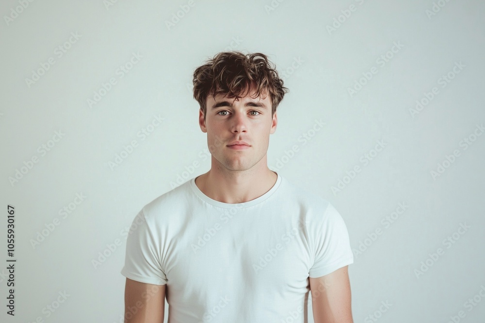 Young man isolated on simple studio background. Confident handsome male model wearing white t-shirt candid pose. Young man isolated on simple studio background. Confident handsome male model wearing white t-shirt candid pose.