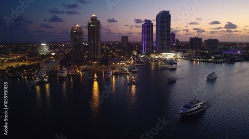 Aerial view of a city skyline at dusk with boats on the water