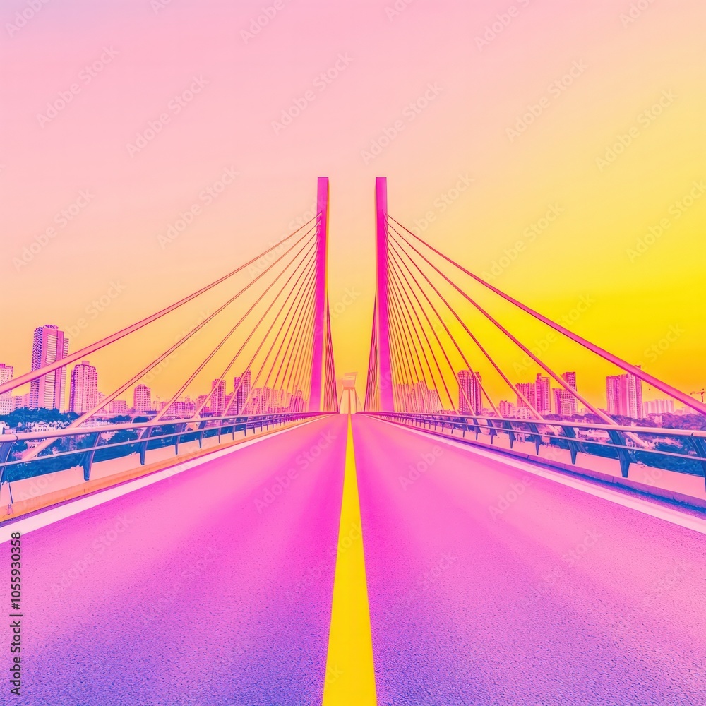 Obraz premium Vibrant Cityscape A Colorful Perspective of a Modern Bridge at Sunset