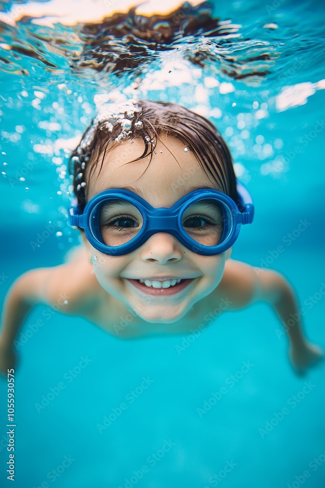 Naklejka premium Underwater Joy Close-Up of Smiling Child in Blue Goggles, Turquoise Pool Background, Playful and Carefree Mood