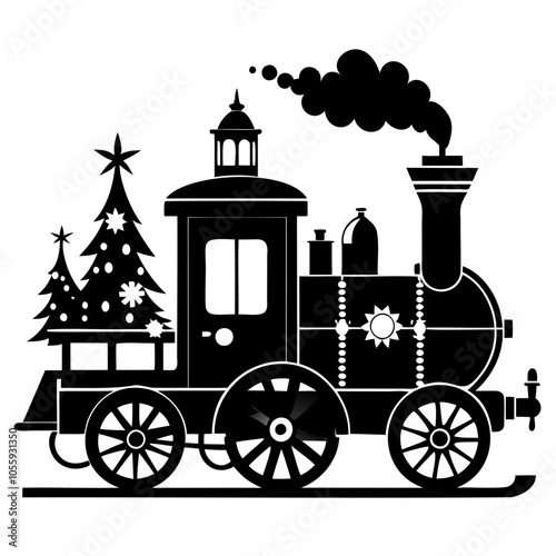 Christmas Victorian vintage Steam Engine black silhouette vector illustration