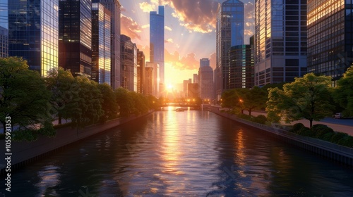 Urban River Flowing Through Modern Skyscrapers at Sunset - Business Growth Concept Design