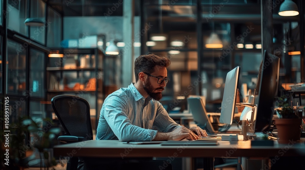 Businessman working late in a modern office with warm lighting Businessman working late in a modern office with warm lighting
