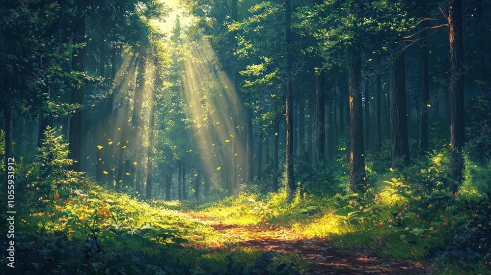 Fototapeta premium Sunbeams Illuminating a Path Through a Lush Forest