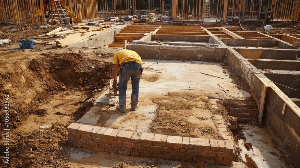 Close-up of construction worker laying bricks on high-end home site, partially built walls and blueprints on ground Close-up of construction worker laying bricks on high-end home site, partially built walls and blueprints on ground