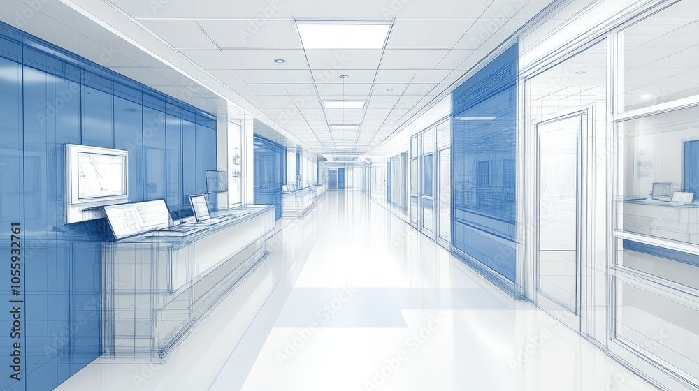 Conceptual blueprint of healthcare facility, white background with vertical blue stroke, clean and modern Conceptual blueprint of healthcare facility, white background with vertical blue stroke, clean and modern