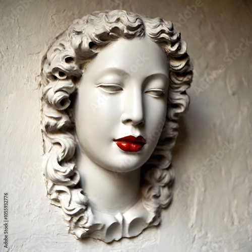 Elegant white sculpture of a female face displayed against a textured wall, showcasing intricate hair and bold red lips