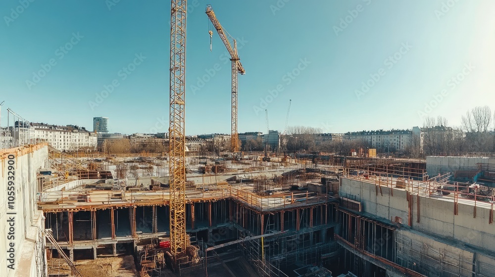 Construction site with tower cranes and materials, set against a clear sky, signaling the beginning of a large building project Construction site with tower cranes and materials, set against a clear sky, signaling the beginning of a large building project
