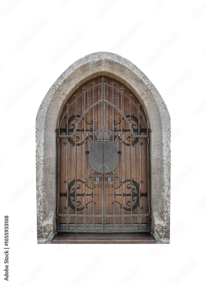 Wooden antique door isolated on white background.