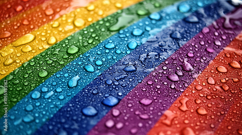 Colorful raindrops on a vibrant rainbow flag photo