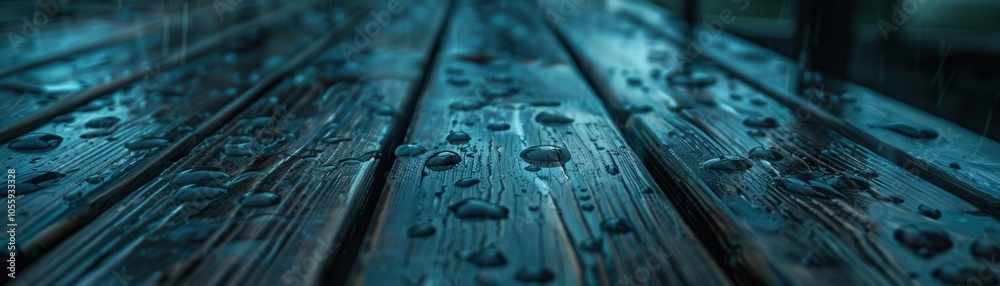 A wooden bench with raindrops on it A wooden bench with raindrops on it