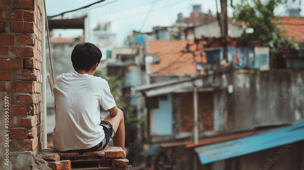 A young boy sitting on a brick ledge, gazing at the rooftops of a bustling neighborhood on a sunny afternoon A young boy sitting on a brick ledge, gazing at the rooftops of a bustling neighborhood on a sunny afternoon