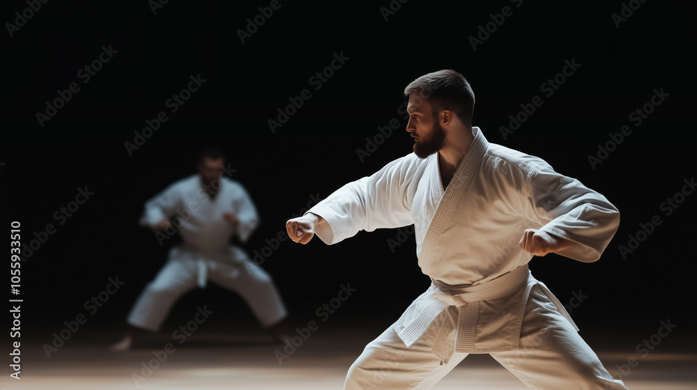 Young Adult Practicing Defensive Stance and Footwork Against Opponent Young Adult Practicing Defensive Stance and Footwork Against Opponent