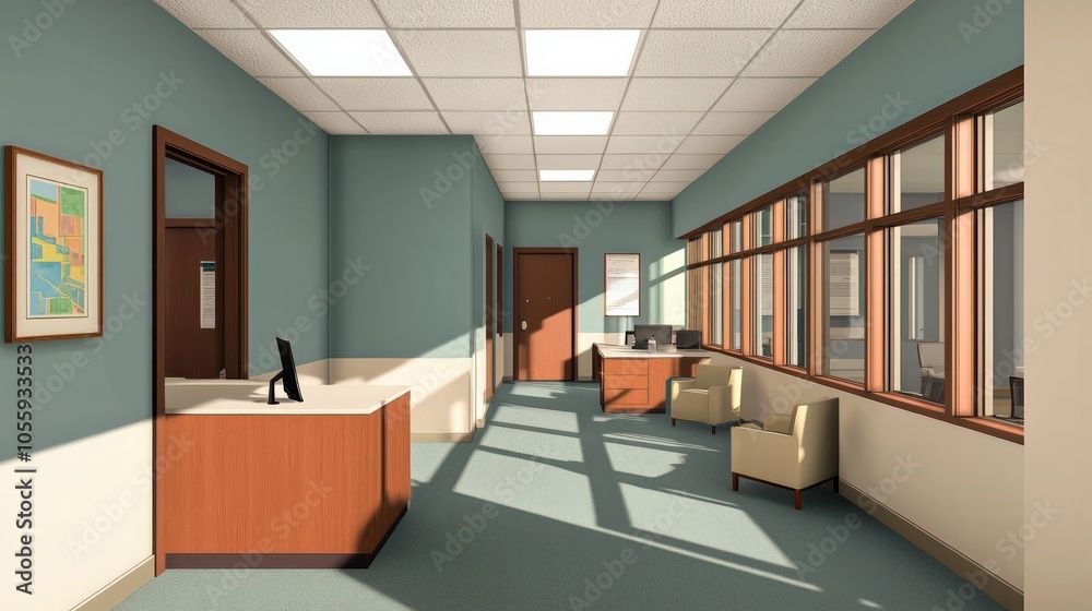 Bright and Inviting Office Reception Area with Modern Design Elements and Natural Light
