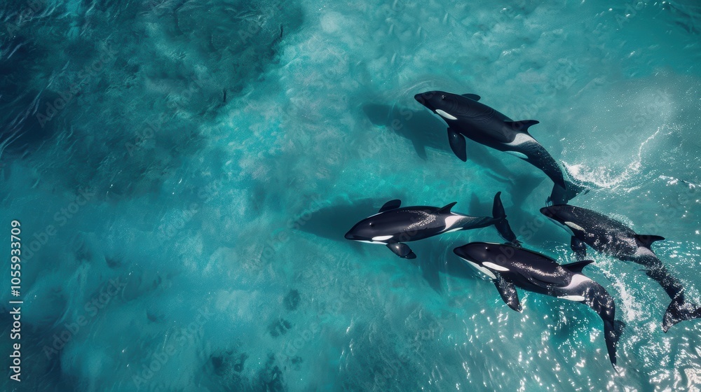Obraz premium Majestic Orcas Swimming in Crystal Clear Ocean Waters - Aerial Wildlife Photography for Marine Conservation