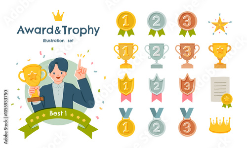 優勝トロフィーを持つ男性とランキングアイコンのイラストセット