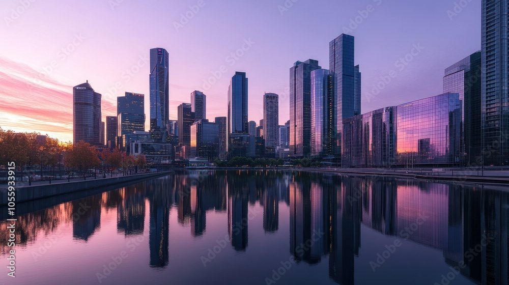 Cityscape with Reflections of Skyscrapers in Pink-hued Water at Sunset
