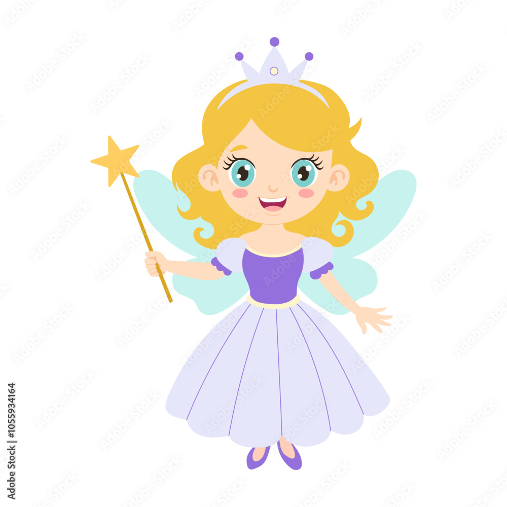 A girl is holding a wand and smiling. She is wearing a white dress. The background is white A girl is holding a wand and smiling. She is wearing a white dress. The background is white