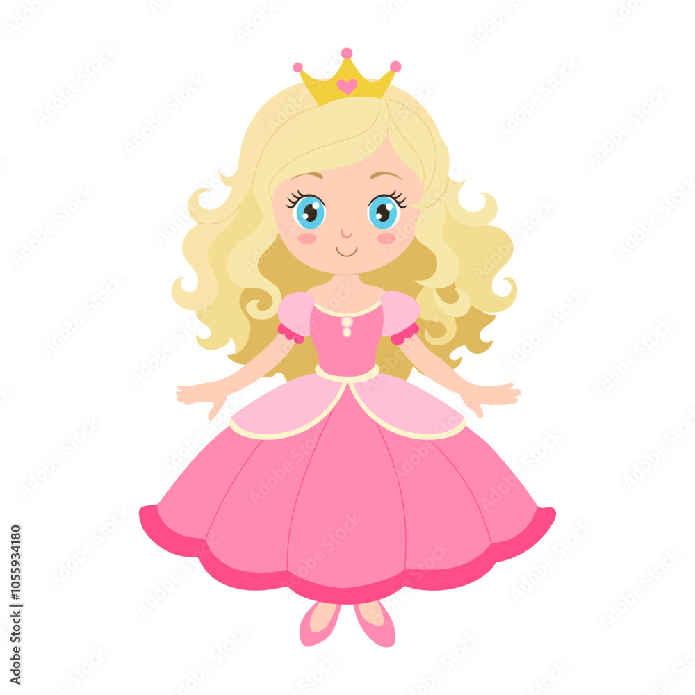 A cartoon princess with long blonde hair and a pink dress. She is smiling and has a crown on her head A cartoon princess with long blonde hair and a pink dress. She is smiling and has a crown on her head