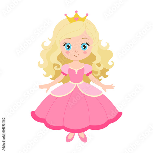 A cartoon princess with long blonde hair and a pink dress. She is smiling and has a crown on her head