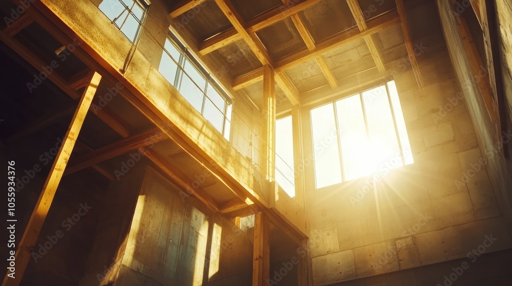 Inside view of architectural home construction site, beams being set, sunlight streaming through, structural details visible Inside view of architectural home construction site, beams being set, sunlight streaming through, structural details visible
