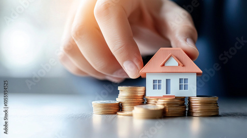 
real estate investment and financial growth concept. businessman puts a small house model on coins stack. 