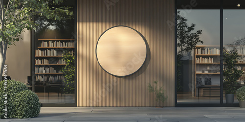 Blank circular store signage design mockup isolated, wooden badge clear shop template hanging on the wall outside, signboard for logo presentation of a bookstore