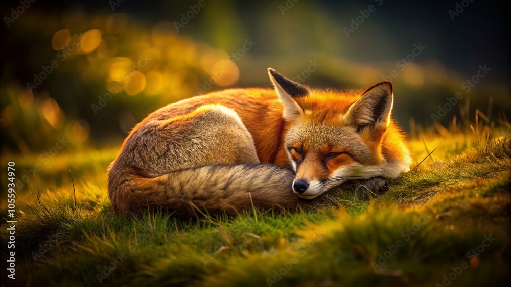 Naklejka premium Sleeping Red Fox in Peaceful Natural Setting - Night Photography with Warm Golden Tones