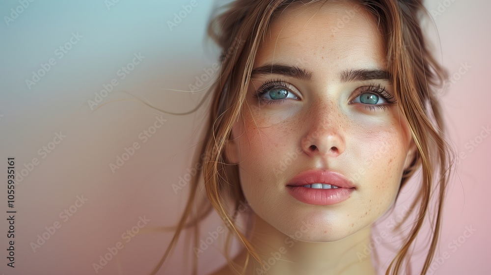 Obraz premium Young Professional, a poised woman in a sophisticated outfit, exudes confidence against a soft, pastel-colored backdrop, embodying ambition and introspection.
