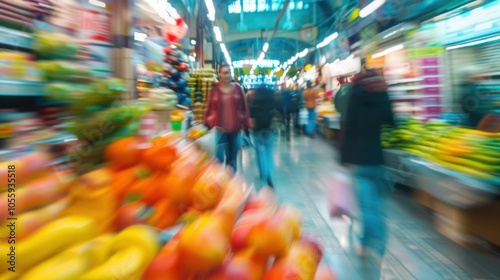 Shoppers and vendors become indistinguishable in the blur of an indoor market.