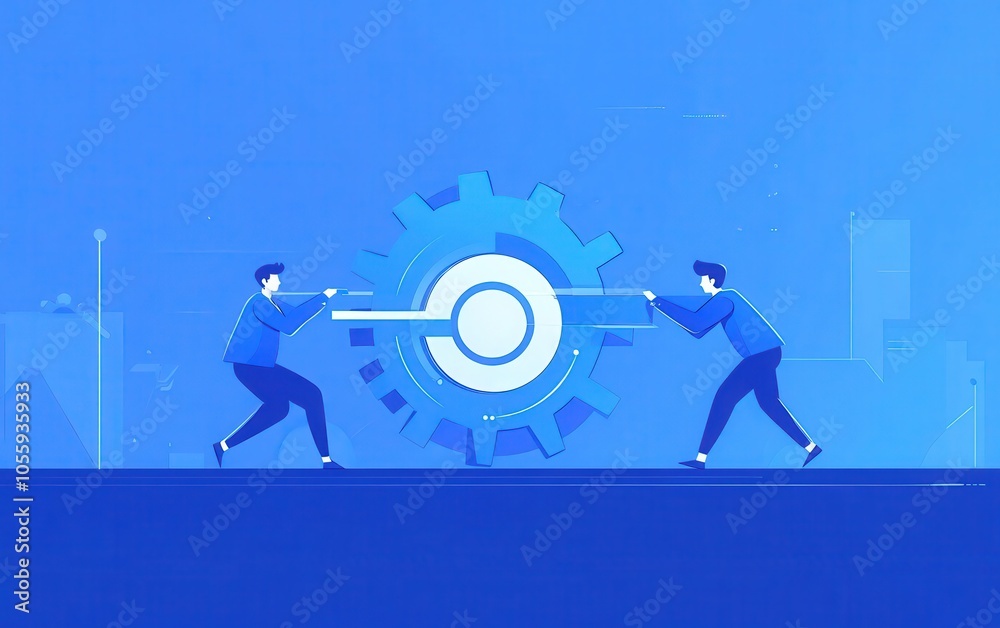 A flat design vector illustration featuring two business professionals in blue suits actively pushing and running with large gears that represent an abstract system. A flat design vector illustration featuring two business professionals in blue suits actively pushing and running with large gears that represent an abstract system.