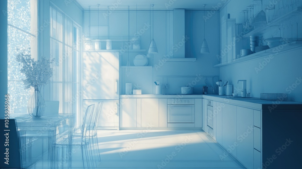 Paint roller transforming blueprint of Japanese kitchen, before and after concept, creative interior design process Paint roller transforming blueprint of Japanese kitchen, before and after concept, creative interior design process