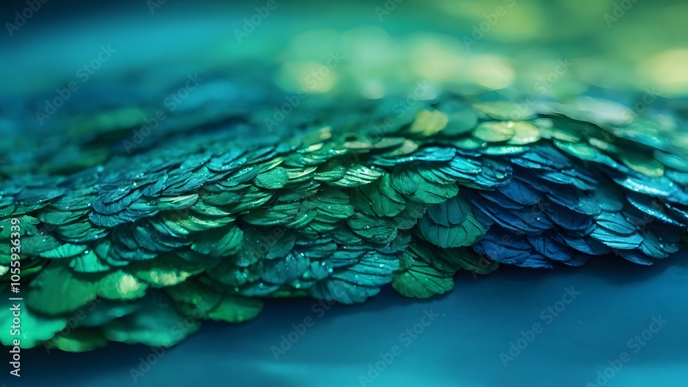 Obraz premium Close-up of Shimmering Green and Blue Scales Shimmering Under Soft Light in a Tranquil Aquatic Environment