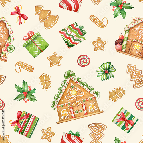Seamless pattern with watercolor gingerbread cookies, gingerbread houses and gift boxes on beige background