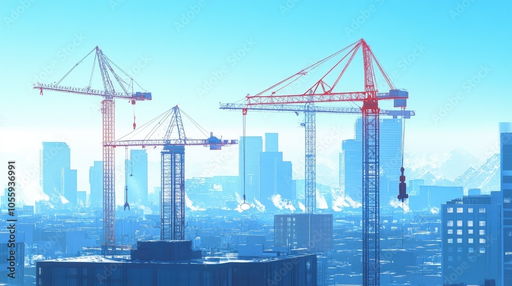 Tower cranes working against a clear blue sky, with cityscape and tall buildings in the background, showing urban development Tower cranes working against a clear blue sky, with cityscape and tall buildings in the background, showing urban development