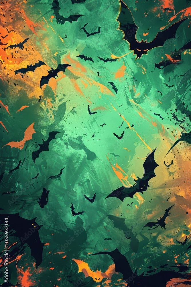 Naklejka premium Chaotic Abstract Halloween Design with Bats and Neon Elements for Posters and Cards