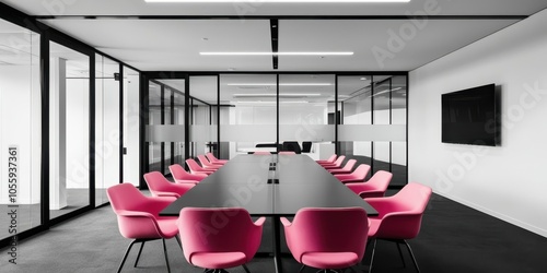 Modern corporate boardroom, minimalist design, glass walls, sleek conference table, vibrant pink chairs, monochrome interior, bright lighting, professional workspace, high contrast colors, contemporar photo