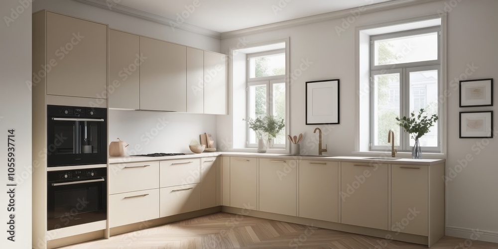 Modern minimalist kitchen, light wood cabinets, white subway tile backsplash, stainless steel appliances, large windows, natural light, neutral color palette, sleek design, open concept, clean lines, 
