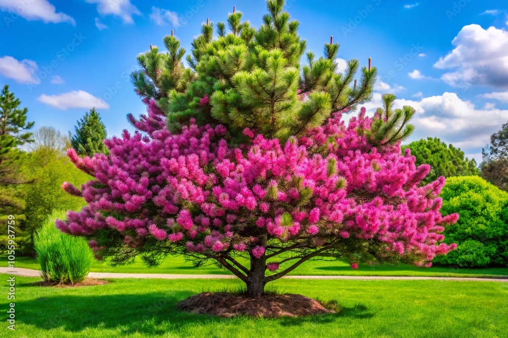 Obraz premium Spring Flowering Ornamental Pine Tree in Lush Green Lawn - Nature Photography